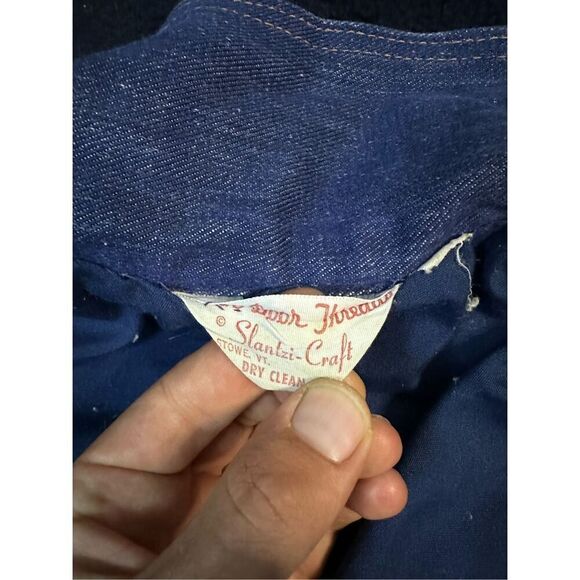 Vintage 1960s Slantzi Craft Selvedge Blue Jean Denim Needlepoint Jacket Womens L - Picture 5 of 13